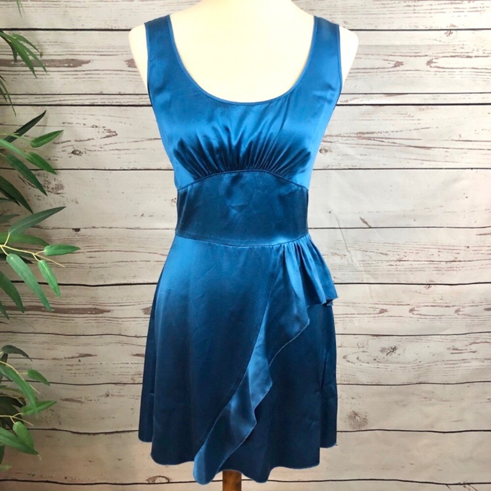 Sapphire Blue Silk Asymmetrical Ruffle Dress